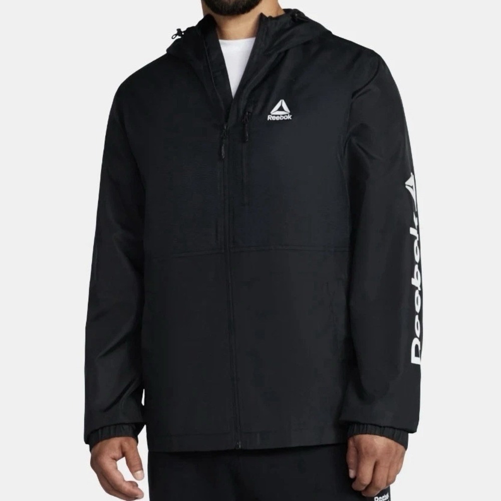 REEBOK Men's Large Jersey Lined Windbreaker Jacket w/ Hood Black Sleeve Logo NWT